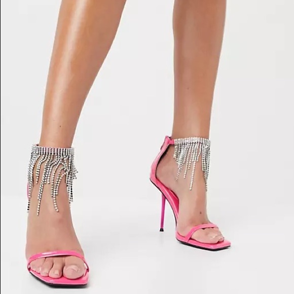 Public Desire Shoes - NIB Public Desire Redemption heeled sandals with rhinestone fringe in pink